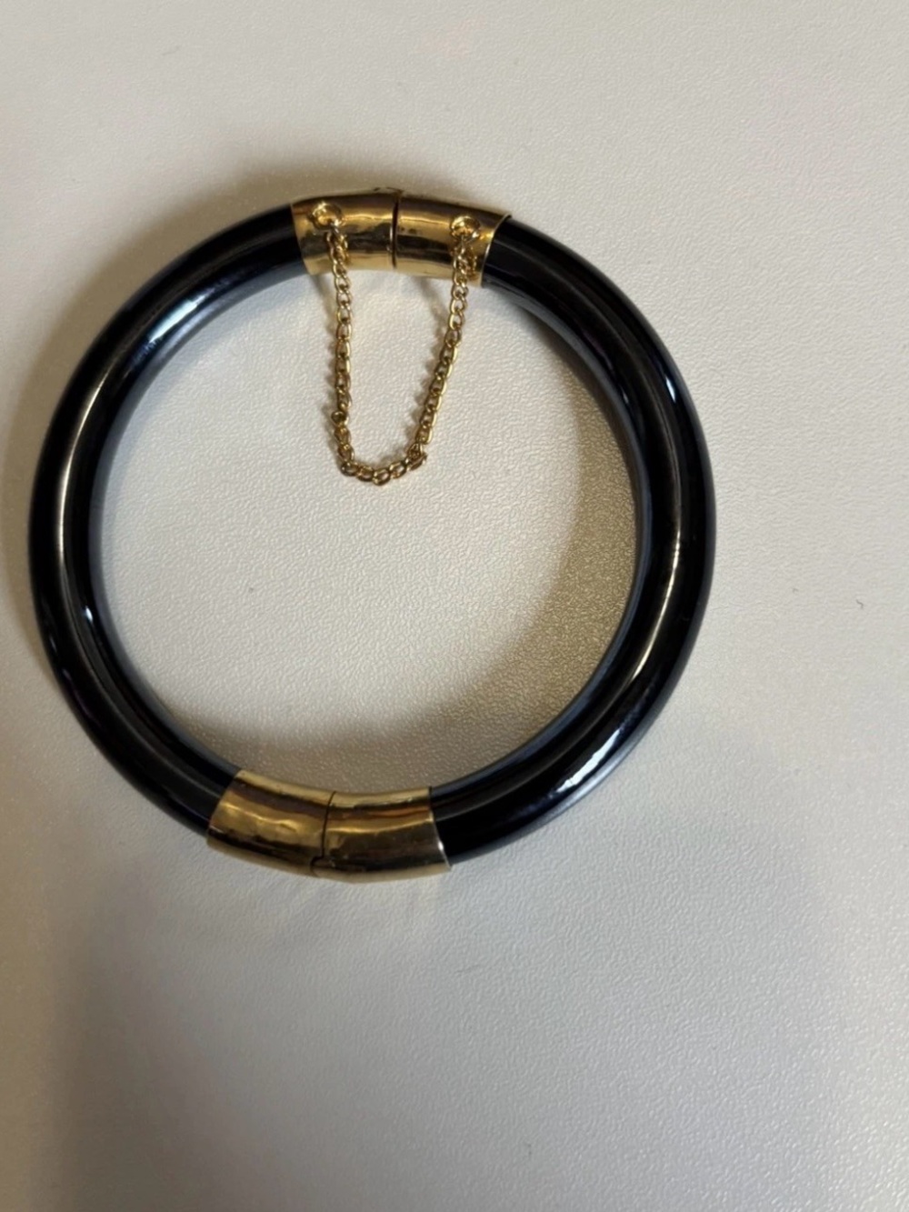 Black and Gold Hinged Bangle Bracelet with Safety Chain